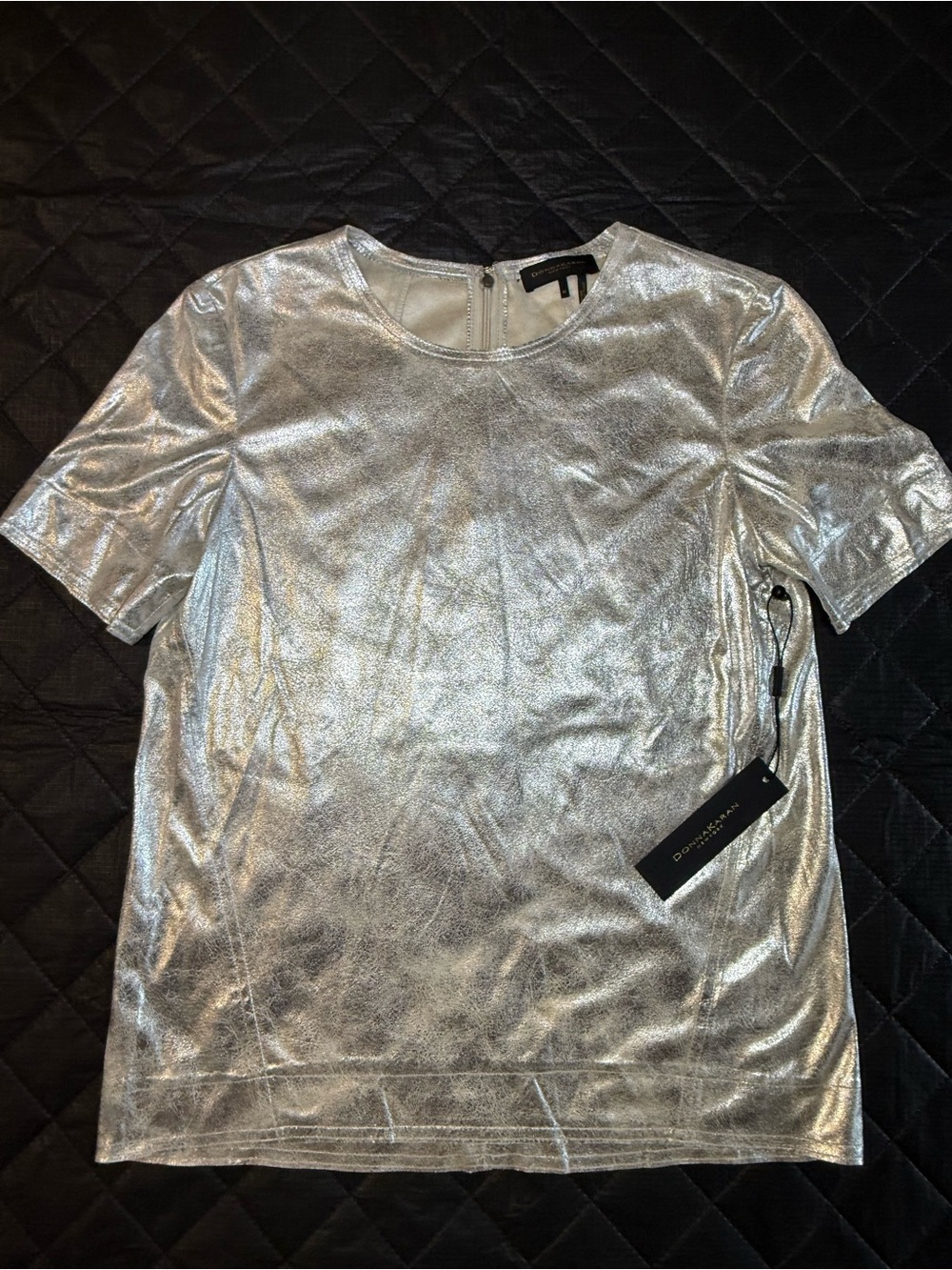 Donna Karan Silver Metallic Short Sleeve Top